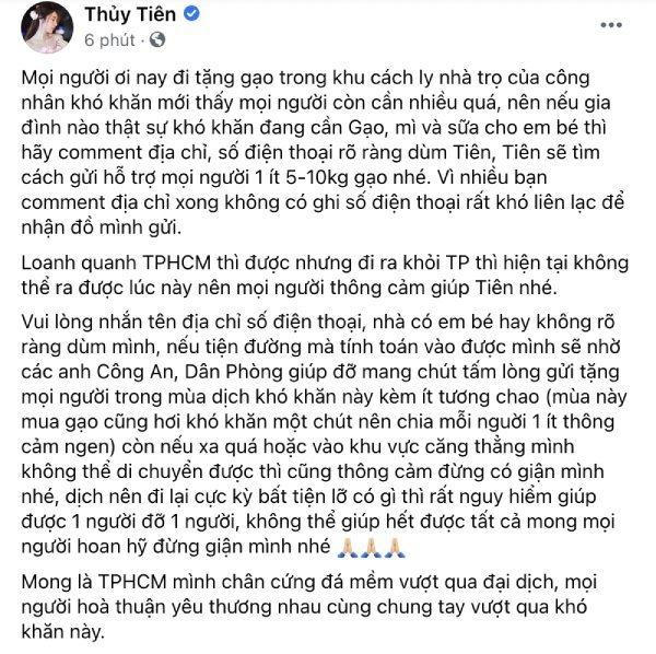 Thuỷ Tiên, vợ chồng Lê Dương Bảo Lâm, Phi Nhung và Hồ Văn Cường hỗ trợ lương thực cho người dân chống dịch