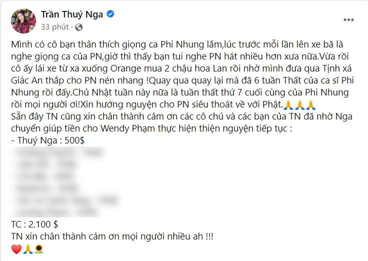 Thúy Nga chuyển tiền cho Wendy để thực hiện nguyện vọng của Phi Nhung