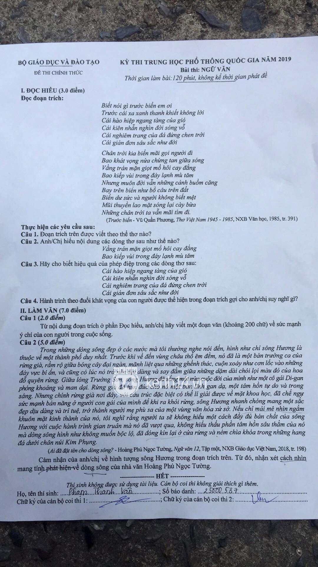 Gợi ý đáp án đề thi môn Ngữ Văn THPT năm 2019 