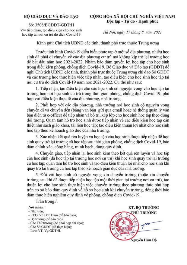 Bộ GD&ĐT đề nghị địa phương tiếp nhận học sinh từ vùng dịch về quê học tập