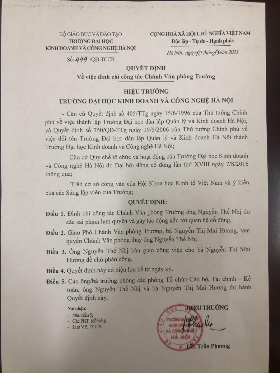 Đình chỉ Phó Hiệu trưởng ĐH Kinh doanh và Công nghệ Hà Nội 