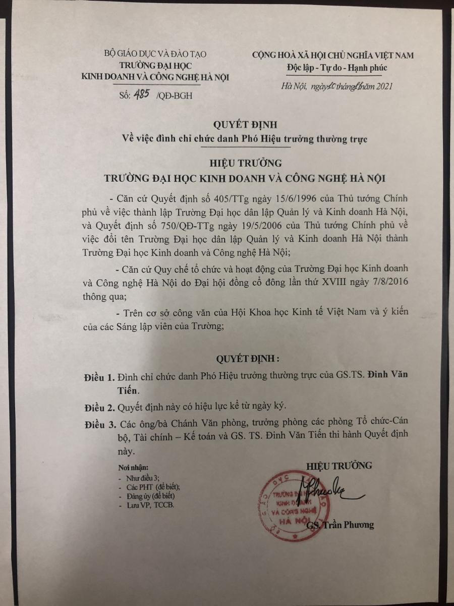 Đình chỉ Phó Hiệu trưởng ĐH Kinh doanh và Công nghệ Hà Nội 