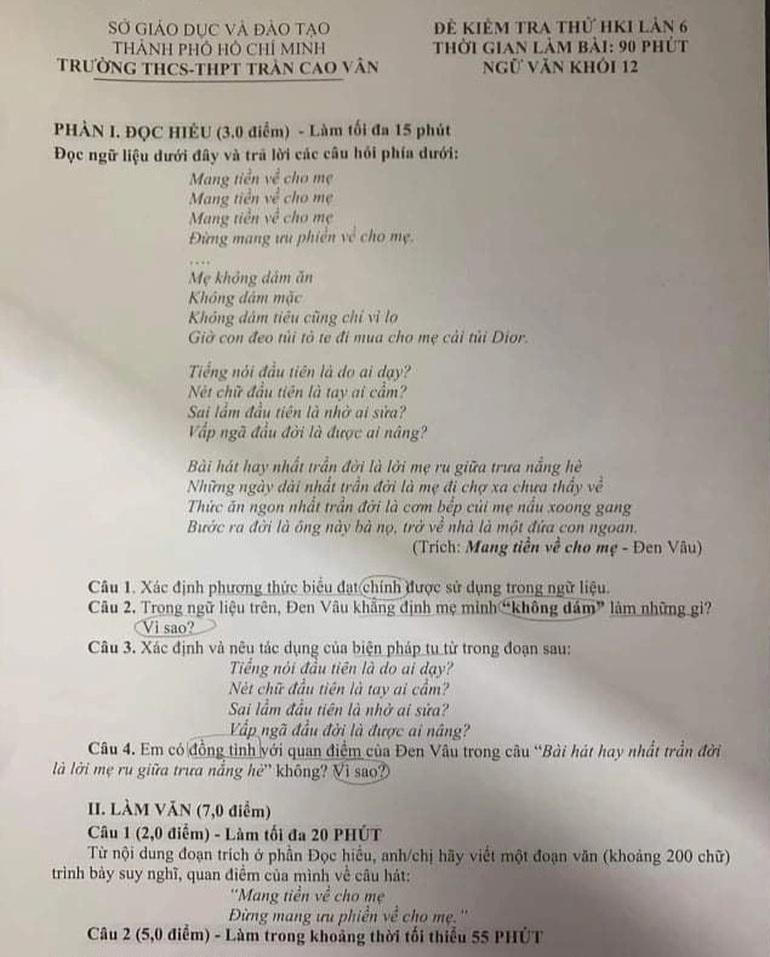 'Mang tiền về cho mẹ' của Đen Vâu vào đề thi ngữ văn