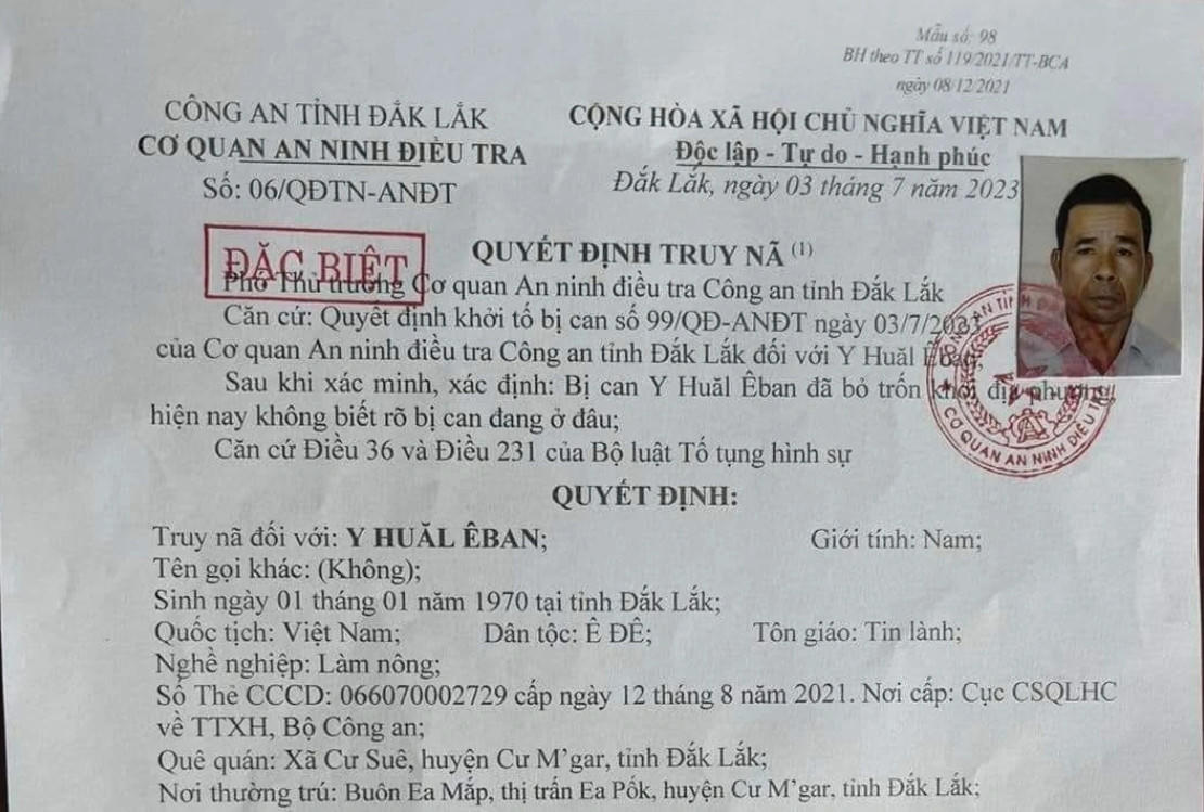 Truy nã đặc biệt thêm một đối tượng khủng bố ở Đắk Lắk