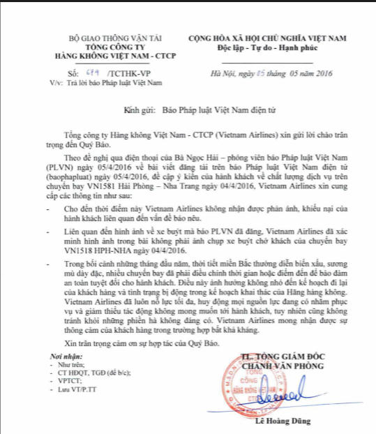 Vietnam Airlines phủi trách nhiệm trước phản ánh dịch vụ kém chất lượng