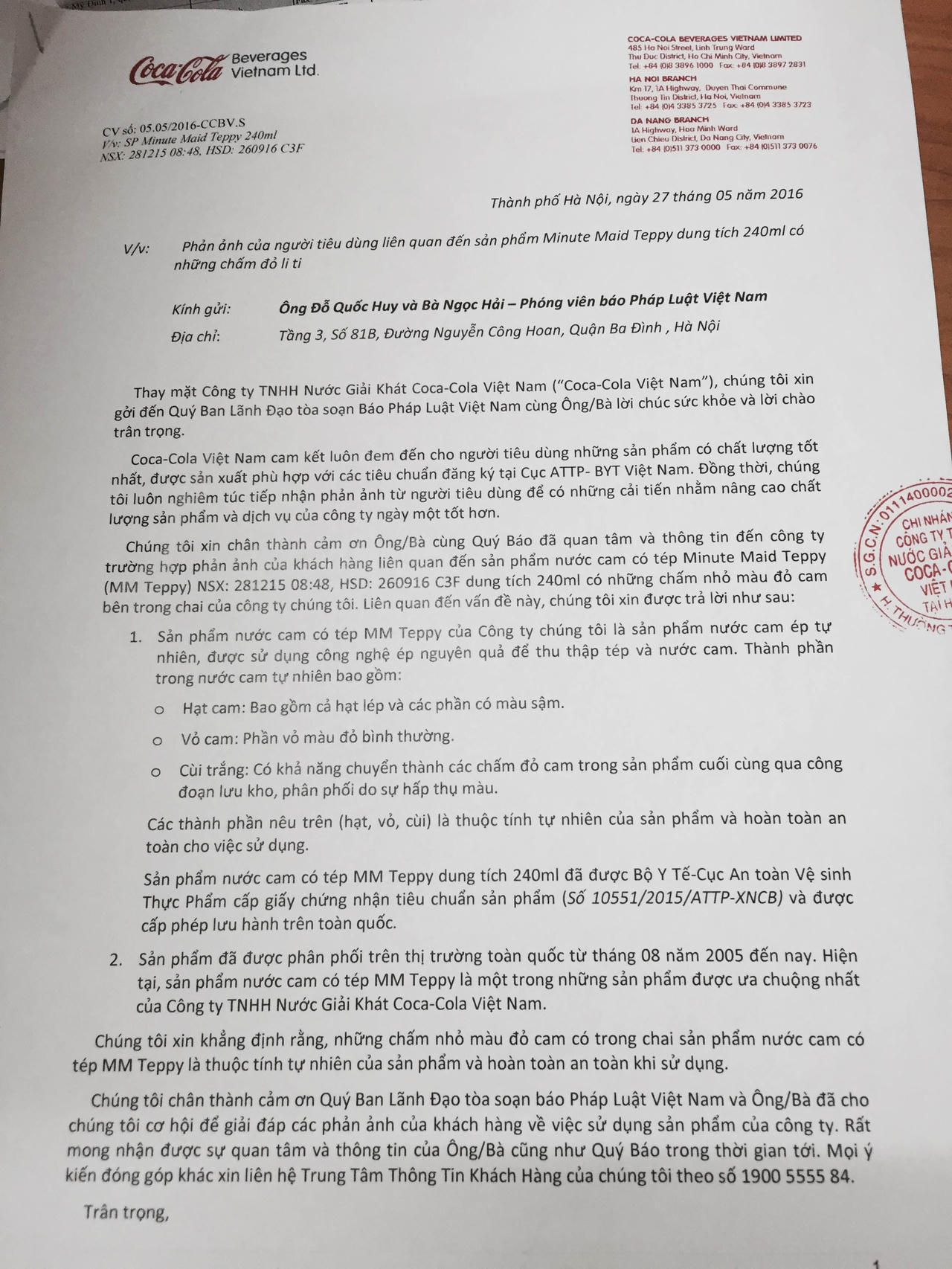 Nước cam Teppy chứa “dị vật”: CocaCola vẫn nói an toàn