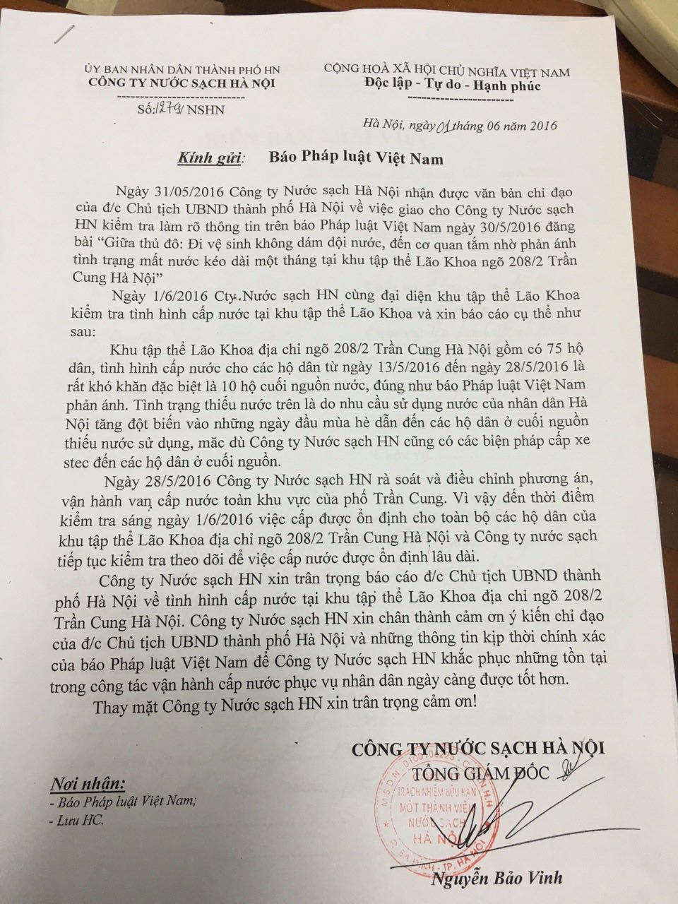 Chủ tịch Chung yêu cầu Công ty Nước sạch HN làm rõ việc Báo PLVN nêu