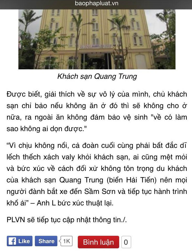 Dân mạng đồng loạt tẩy chay khách sạn Quang Trung vì “ngược đãi” du khách