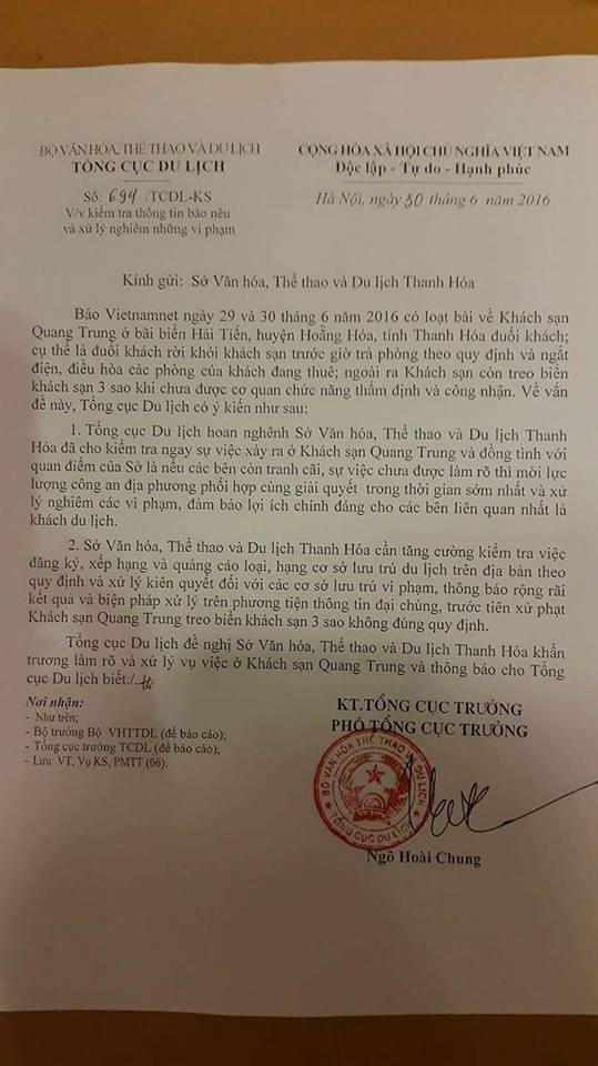 Khách sạn Thanh Hóa ngược đãi du khách bị Tổng cục Du lịch yêu cầu xử phạt