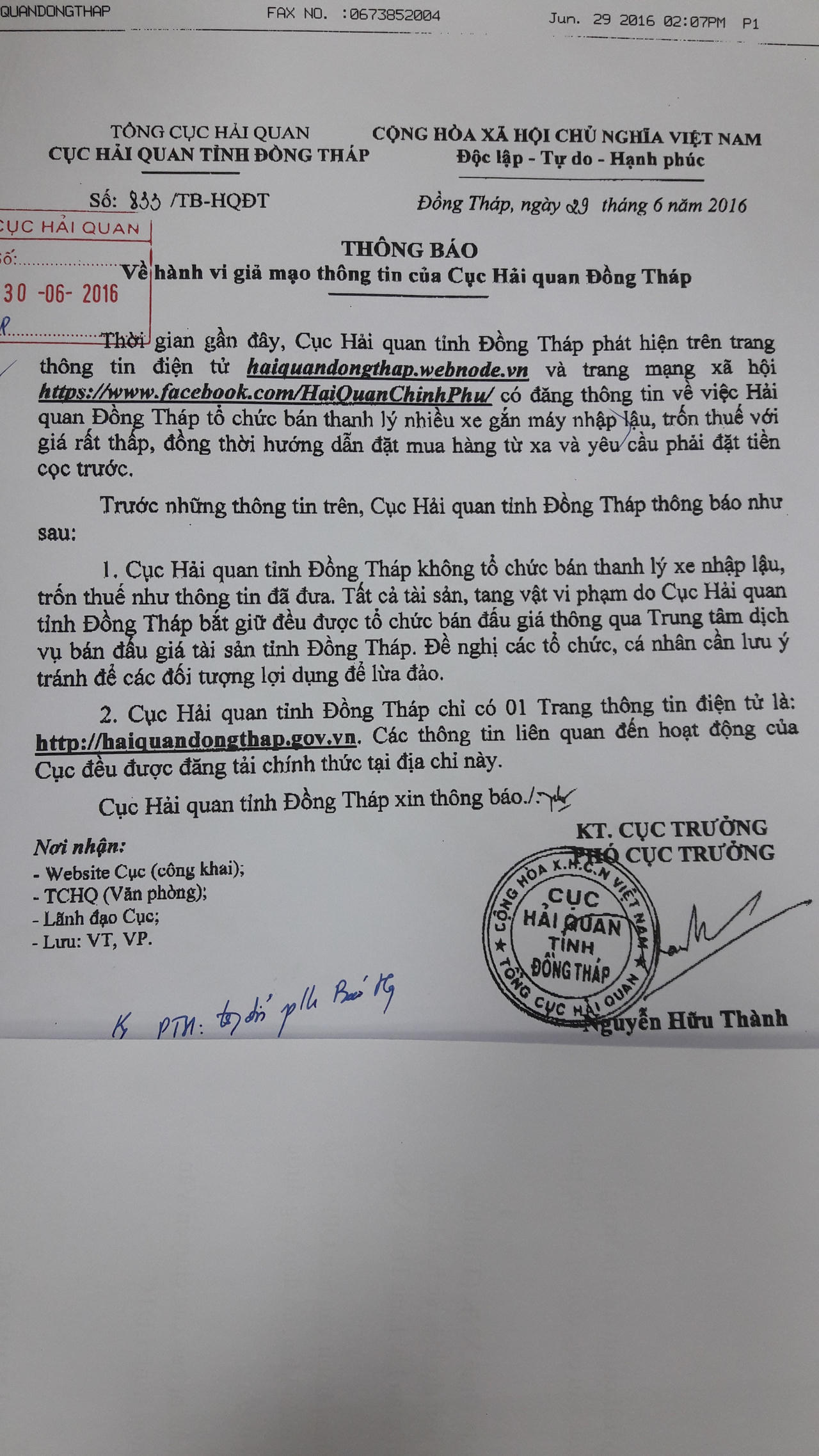 Cảnh báo xuất hiện hành vi giả mạo thông tin của Cục Hải quan Đồng Tháp