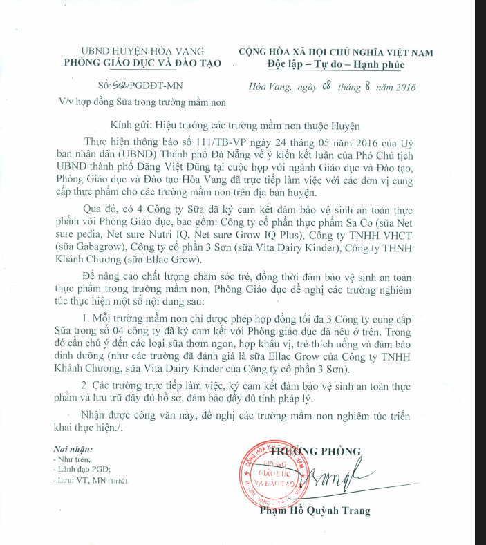 Đà Nẵng: Phòng Giáo dục huyện Hòa Vang chỉ đạo các trường mầm non phải dùng sữa ngoại?
