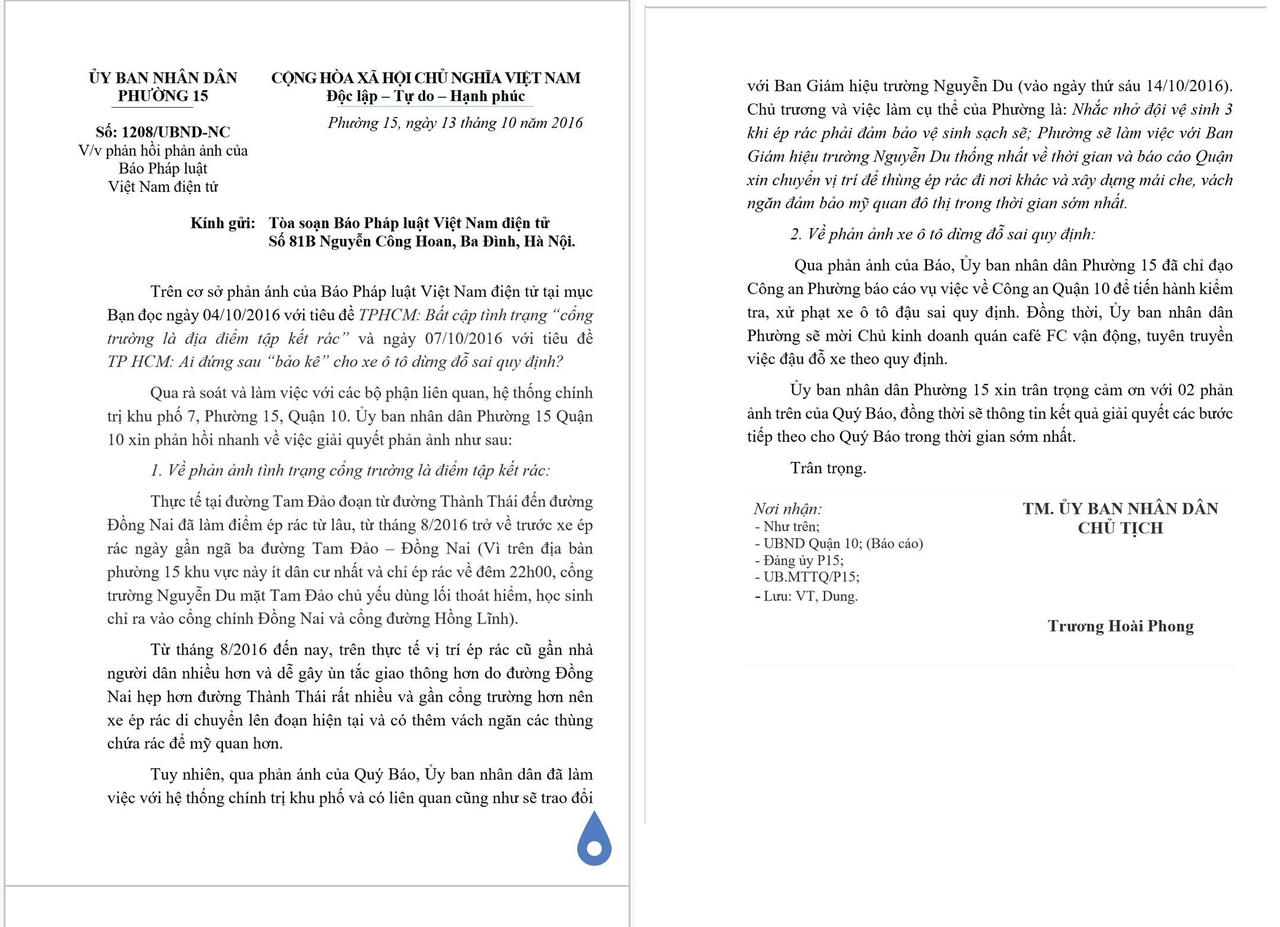 Vụ “Cổng trường là nơi tập kết rác, ô tô đỗ sai quy định” : Chủ tịch phường gửi công văn hồi đáp 