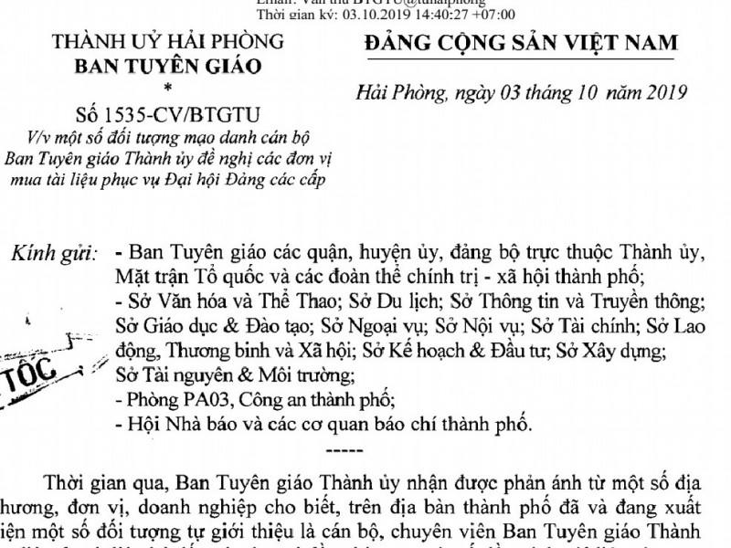 Hải Phòng:  Giả mạo cán bộ Ban tuyên giáo Thành ủy bán tài liệu Đại hội Đảng