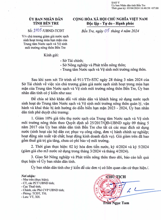 Bến Tre giảm giá 2 kỳ nước sạch sinh hoạt ủng hộ người dân trong mùa hạn mặn