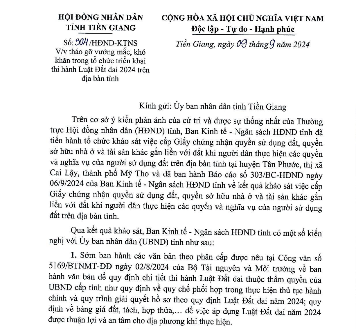 Kiến nghị tiếp tục xử lý hồ sơ chuyển đổi mục đích sang đất ở cho người dân tại Tiền Giang