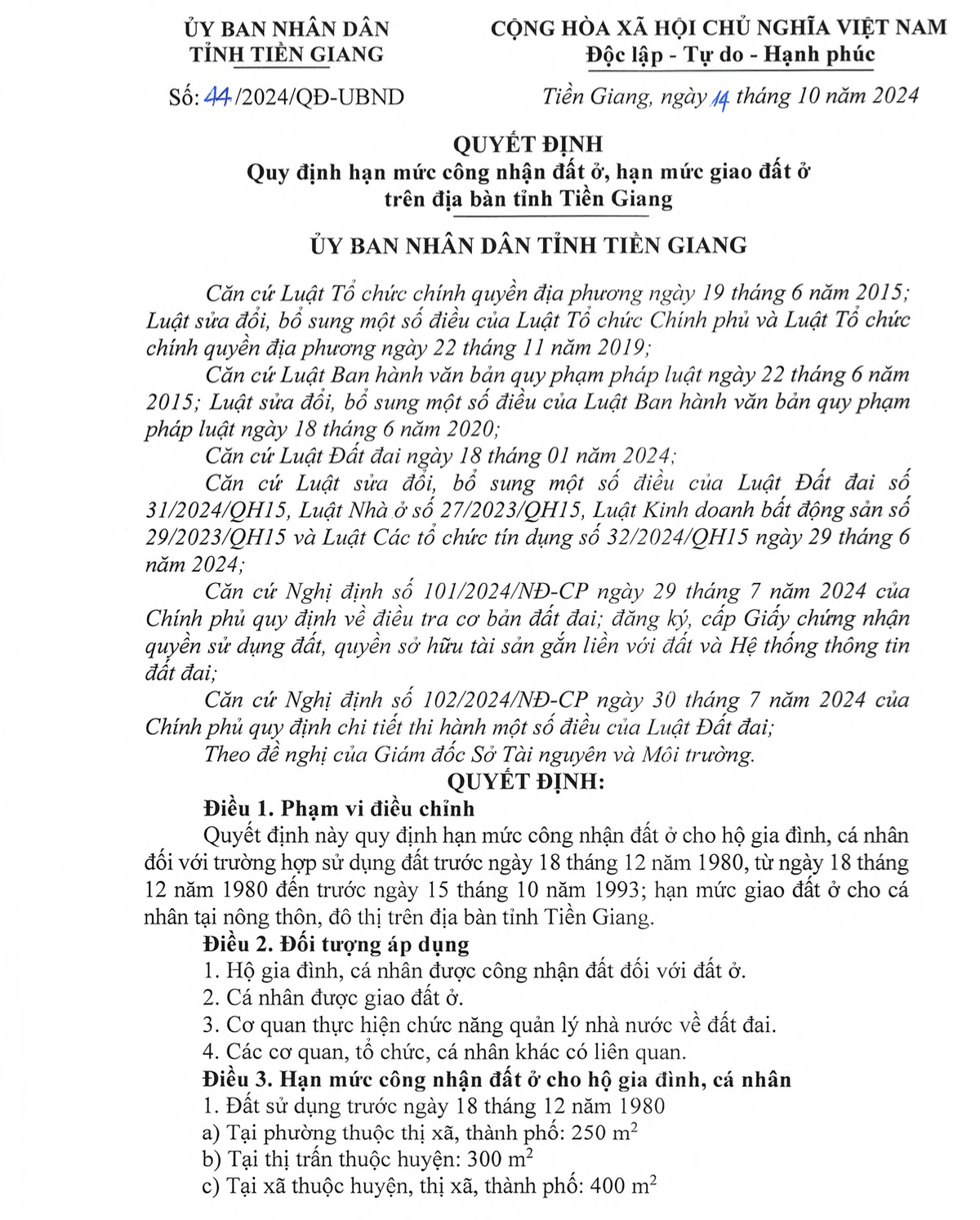 Quy định mới về hạn mức công nhận đất ở, giao đất ở từ 1/11tại Tiền Giang