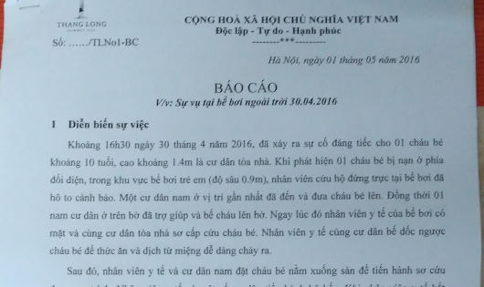 Đại diện Thăng Long Number 1 nói gì về vụ cháu bé chết đuối tại bể bơi