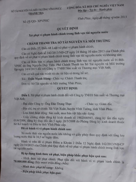Vĩnh Phúc: Phạt 70 triệu đồng, doanh nghiệp vẫn tiếp tục xả thải