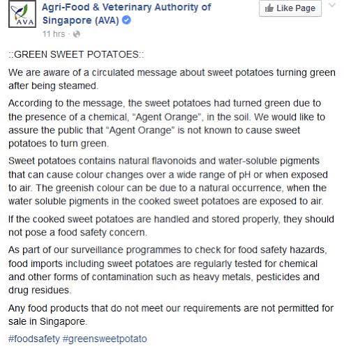 Singapore phản hồi thông tin khoai lang VN chuyển màu xanh do dioxin