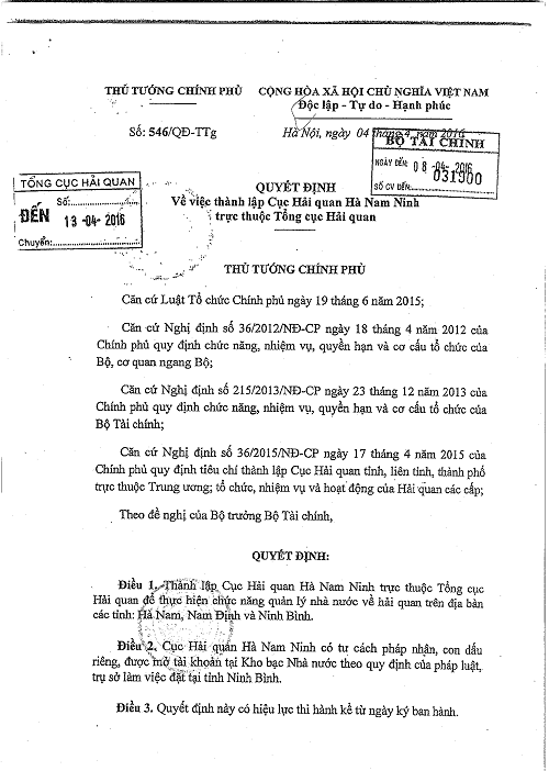 Thành lập Cục Hải quan Hà Nam Ninh