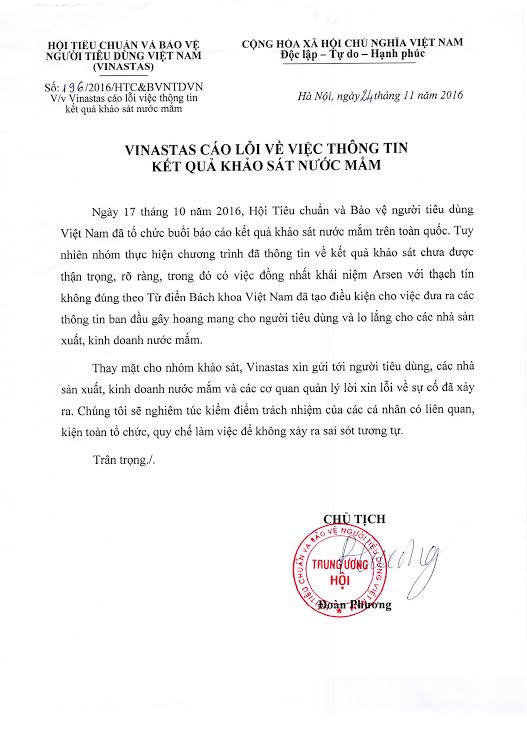 Vinastas nhận lỗi vụ công bố thông tin nước mắm