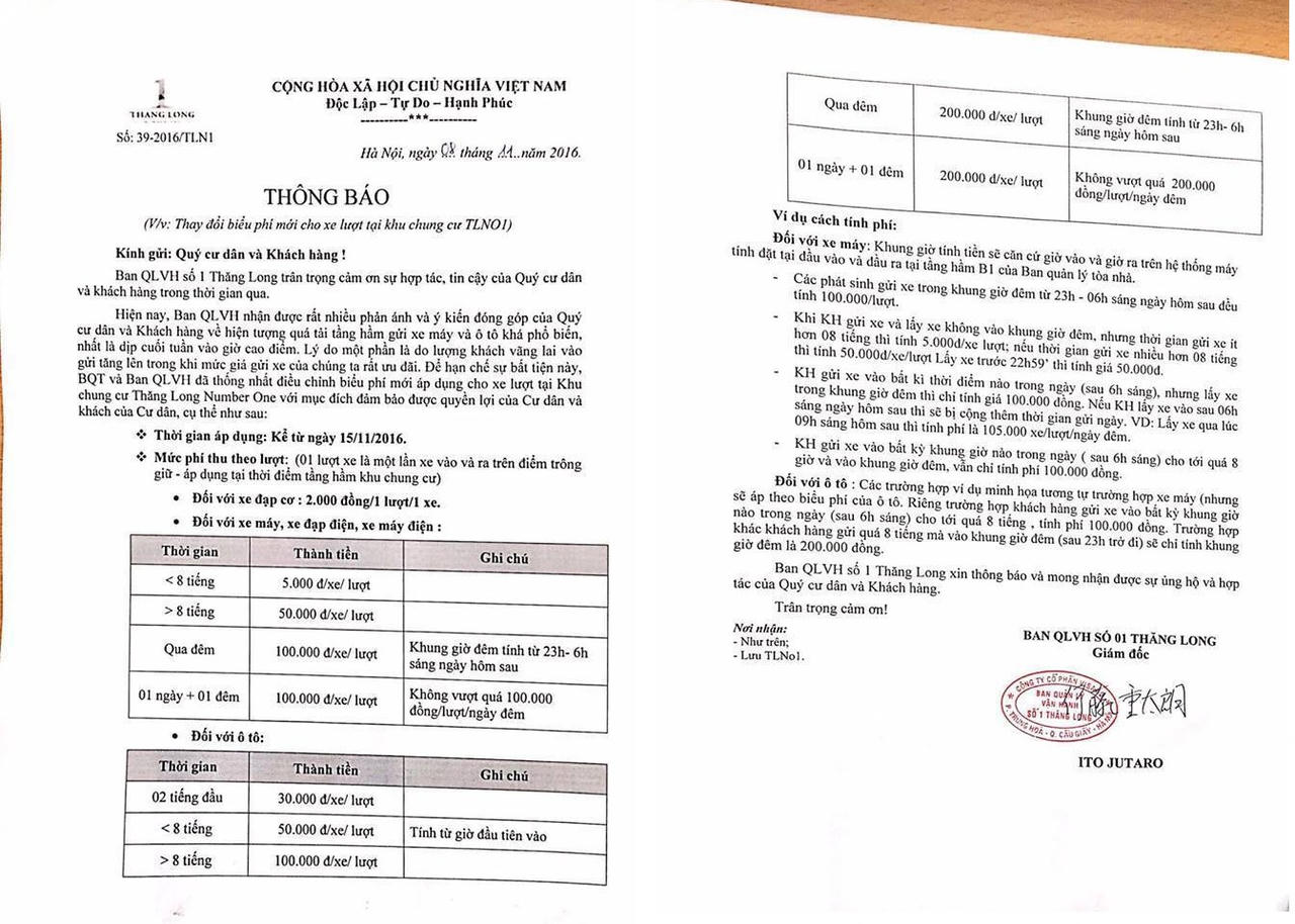 Giật mình với mức phí trông xe “trên trời” ở Chung cư Thăng Long Number One 