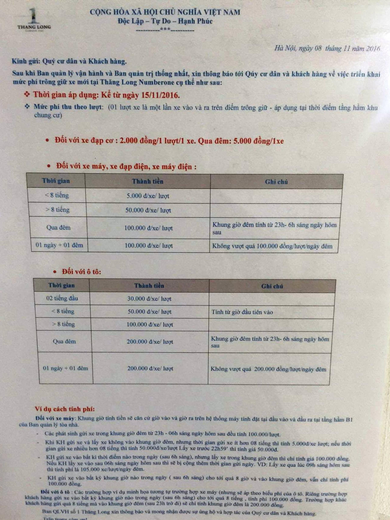 Thêm một nạn nhân bị “chặt chém” tiền gửi xe tại chung cư Thăng Long Number One