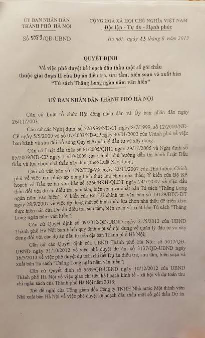 Dự án “Tủ sách Thăng Long ngàn năm văn hiến ” bị “tố” nhiều tiêu cực