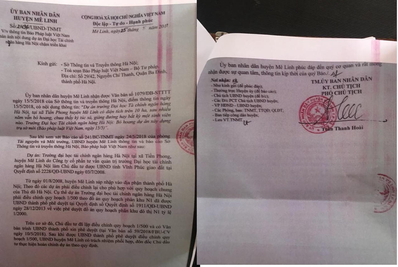 UBND huyện Mê Linh phúc đáp thông tin dự án Đại học Tài chính Ngân hàng Hà Nội bỏ hoang trụ sở mới