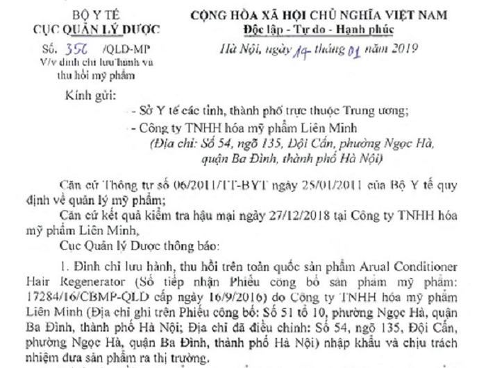 Bộ Y tế: Đình chỉ lưu hành sản phẩm Arual Conditioner Hair Regenerator