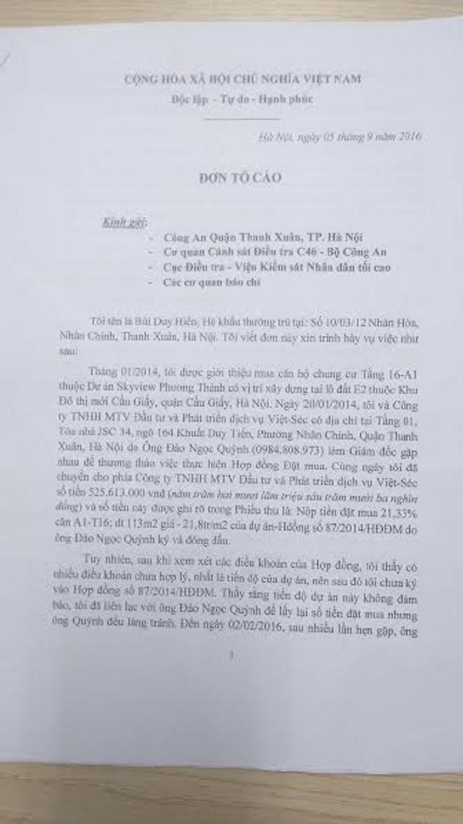 Khách hàng tố cáo doanh nghiệp “quỵt” tiền tại dự án Sky View Phương Thành