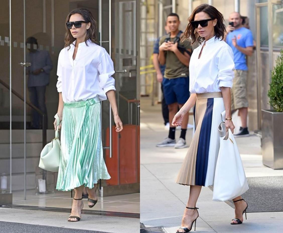 Kết quả hình ảnh cho Chân váy midi xếp ly, áo thun sao Châu Âu