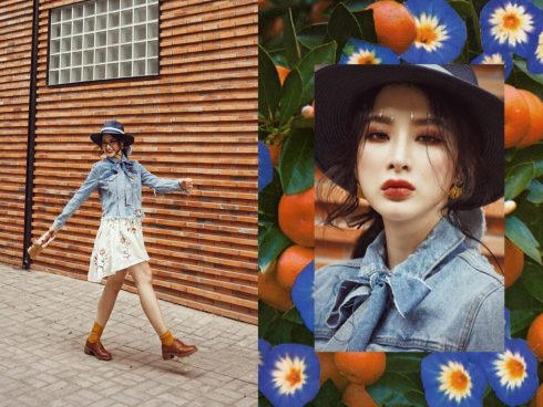 Tạm rời xa phong cách quyến rũ gần đây, Angela Phương Trinh làm người hâm mộ bất ngờ với thời trang xuống phố theo phong cách đồng quê. Chiếc váy hoa dịu dàng diện bên trong áo jean cổ nơ cách điệu. Giày bốt thấp màu nâu và mũ rộng vành là những phụ kiện giúp Angela chẳng khác gì một quý cô nhạc đồng quê đỏm dáng.