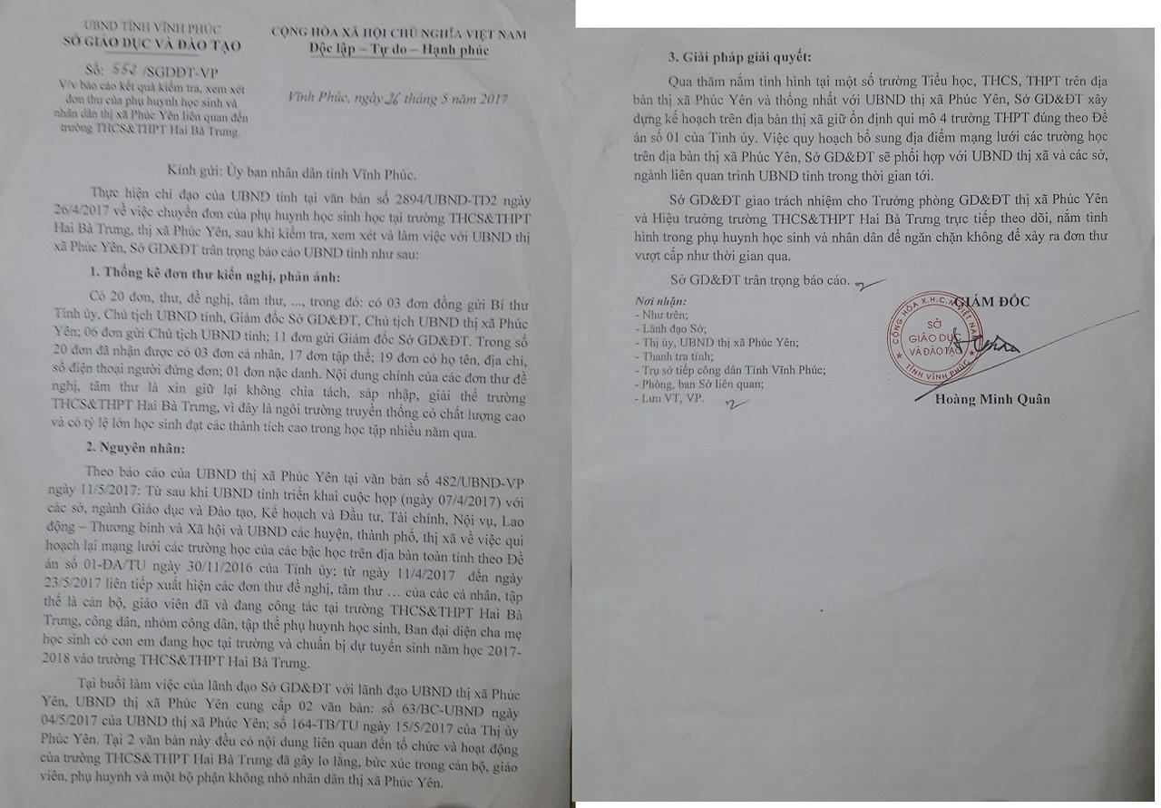 Chưa đồng tình với quyết định “khai tử” trường cấp 2,3 Hai Bà Trưng (Vĩnh Phúc) 