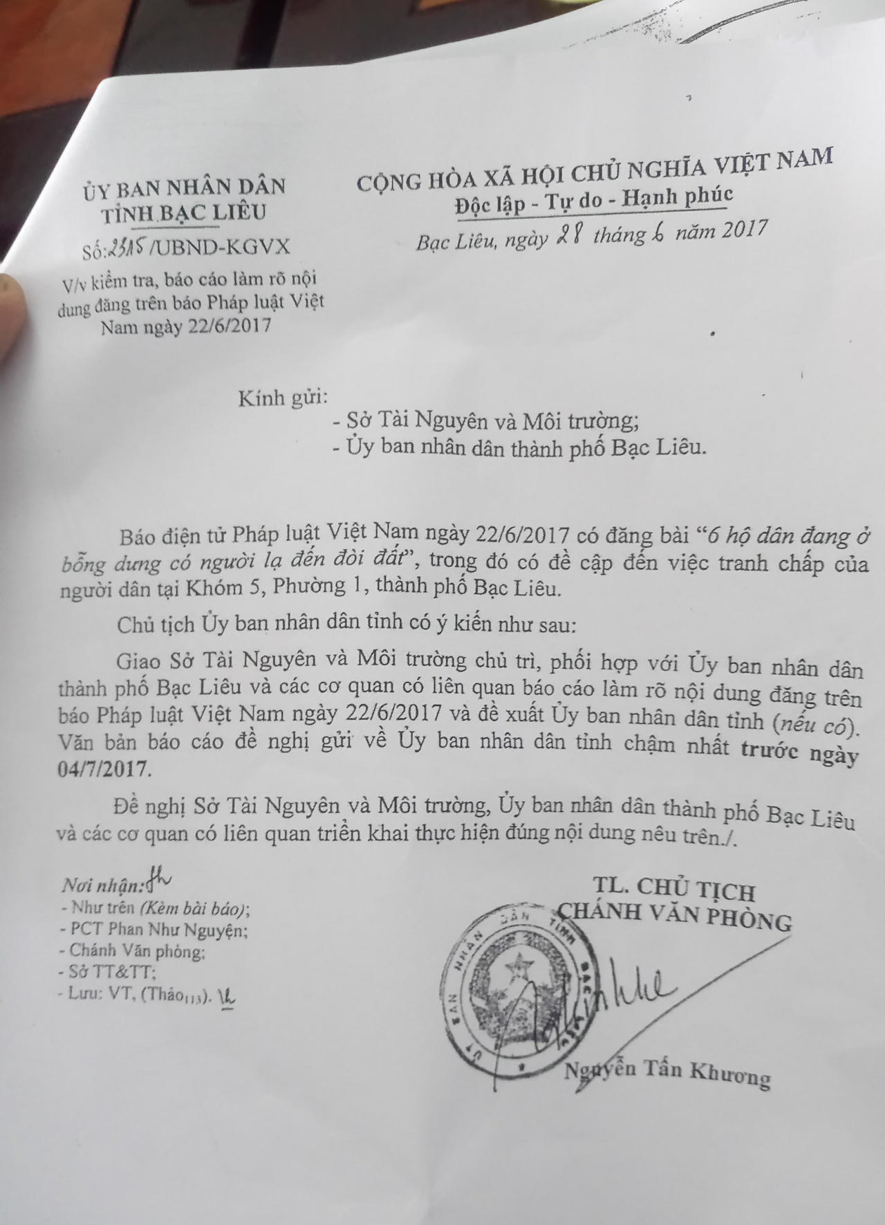 Vụ 6 hộ dân đang ở ổn định bỗng có “người lạ” đến đòi đất ở Bạc Liêu: Tỉnh yêu cầu Sở Tài nguyên và Môi trường, Ủy ban TP báo cáo