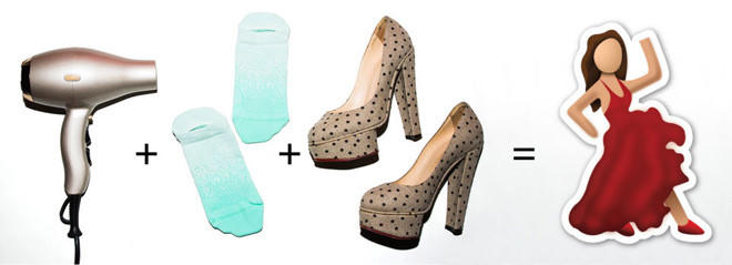 Những đôi giày mới mua còn chật, cộng với lớp da cứng gây đau rát sẽ nhanh chóng mềm mại, vừa chân hơn nếu bạn dùng máy sấy tóc. Cách thực hiện khá đơn giản, chỉ cần mang vớ dày trước khi mang giày. Dùng máy sấy nóng đôi giày và đi bộ xung quanh cho đến khi đôi giày mới nguội đi. Nhiệt độ cao sẽ làm lớp da giày mềm và giãn ra, cũng như lớp vớ dày tác động lên phần mũi giúp giày dài thêm một ít. Nhờ đó bạn sẽ thấy vừa chân hơn.