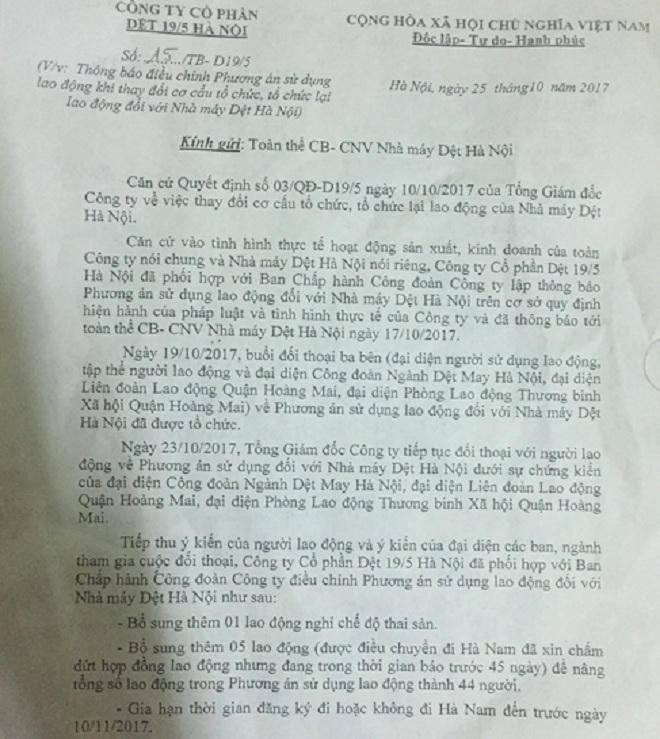 Người lao động chờ phương án 'thấu tình thấu lý' từ Công ty Cổ phần Dệt 19/5