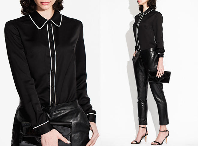 Hoặc ngược lại nếu mọi người đã quen mắt với phong cách hiện đại, trẻ trung cùng chiếc áo sơ mi chừa vài khuy không cài cúc, hãy thử nghiệm kiểu “kín cổng cao tường”. Đây cũng là cách để các cô nàng công sở thêm thanh lịch và sang trọng. Kết hợp quần da đen đang rất mốt trong năm nay, bạn sẽ trở nên sành điệu, khác lạ hơn hẳn. 