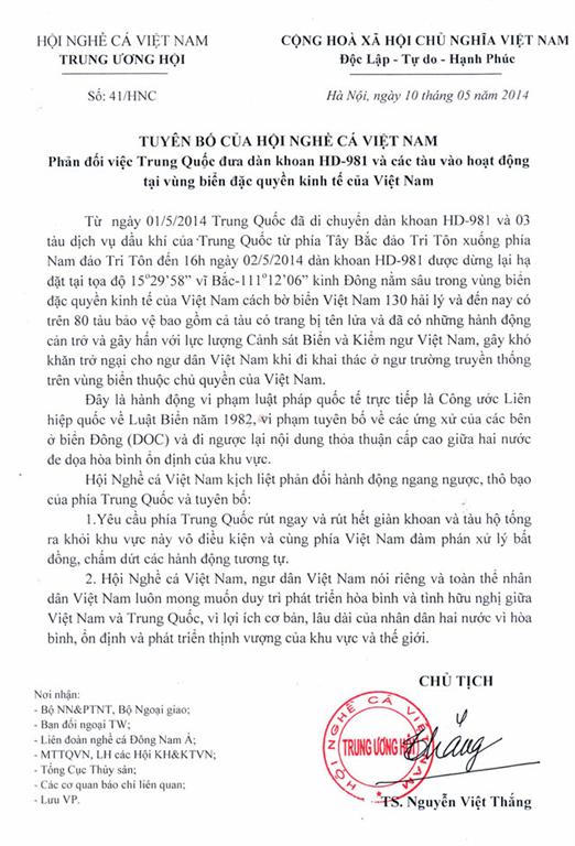 Hội Nghề cá Việt Nam kịch liệt phản đối hành động ngang ngược, thô bạo của TQ