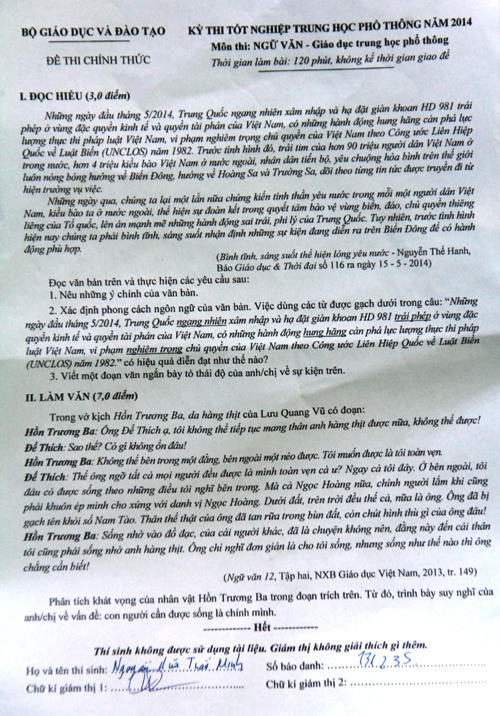 Giàn khoan Hải Dương 981 vào đề thi Văn tốt nghiệp 2014