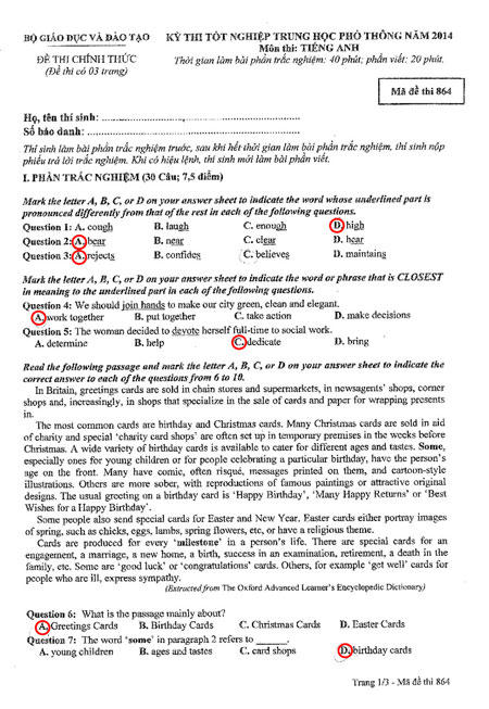 Giải đề thi tốt nghiệp THPT môn Tiếng Anh 2014