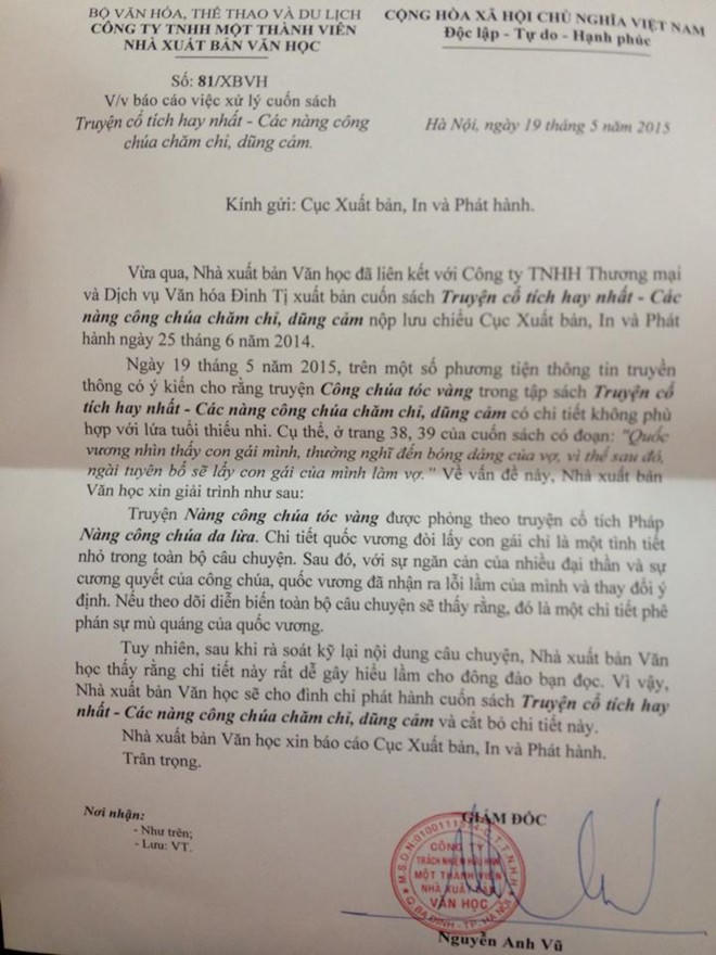 Xuất bản truyện cổ tích “cha muốn cưới con gái”, NXB Văn học nói gì?