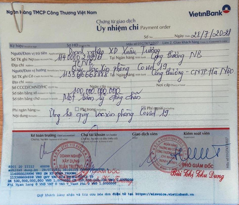 Doanh nghiệp Xây dựng Xuân Trường ủng hộ 100 tỷ đồng vào Quỹ vaccine phòng COVID-19