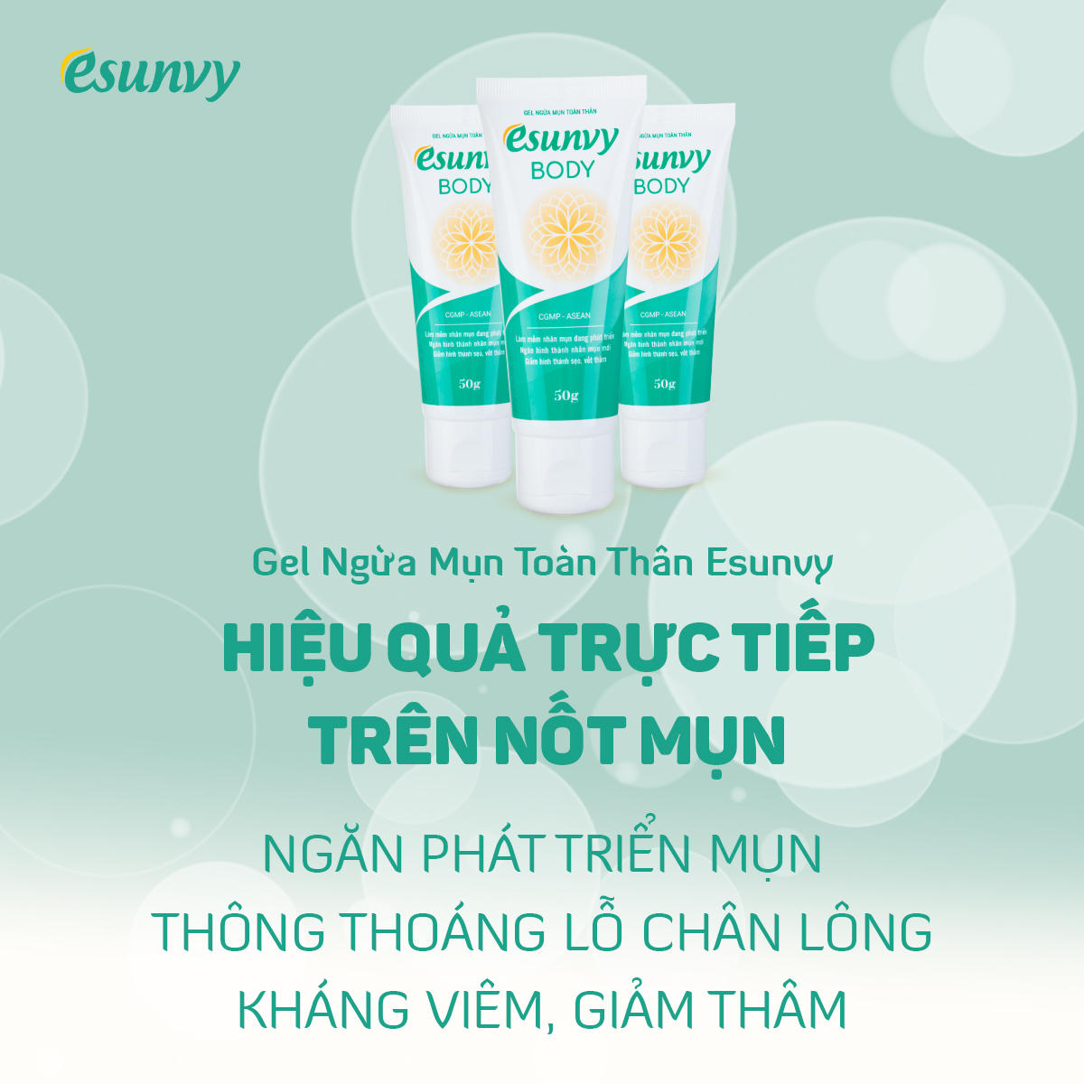 Bộ đôi giải quyết mụn lưng-mụn ngực hiệu quả: Gel ngừa mụn toàn thân & Viên uống Esunvy