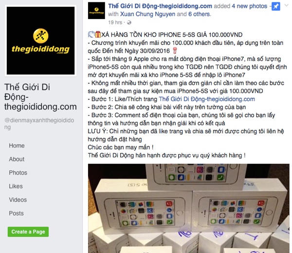 Iphone 5S giá 100 nghìn đồng bán tràn lan trên fanpage giả của Thế giới di động
