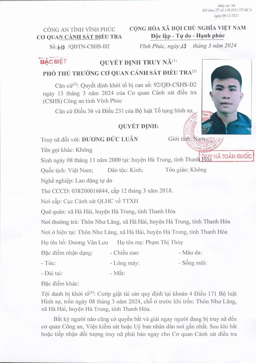 Truy nã đặc biệt nghi phạm Dương Đức Luân trong vụ cướp 1 tỉ đồng tại Vĩnh Phúc