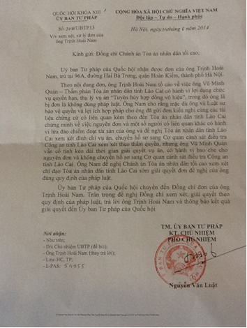 Về khiếu nại của ông Trịnh Hoài Nam: Ủy ban Tư pháp của Quốc hội tiếp tục có ý kiến 