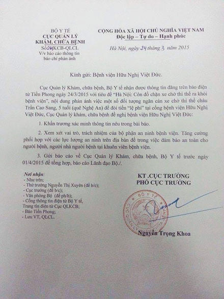 Bộ Y tế yêu cầu BV Việt Đức xác minh vụ chặn xe chở xác cháu bé