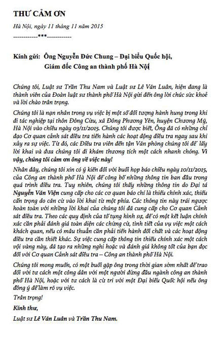Hai luật sư bị hành hung viết thư “Cảm ơn” Giám đốc CA Hà Nội