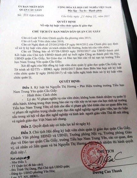 Công bố quyết định kỷ luật hiệu trưởng trường Nam Trung Yên